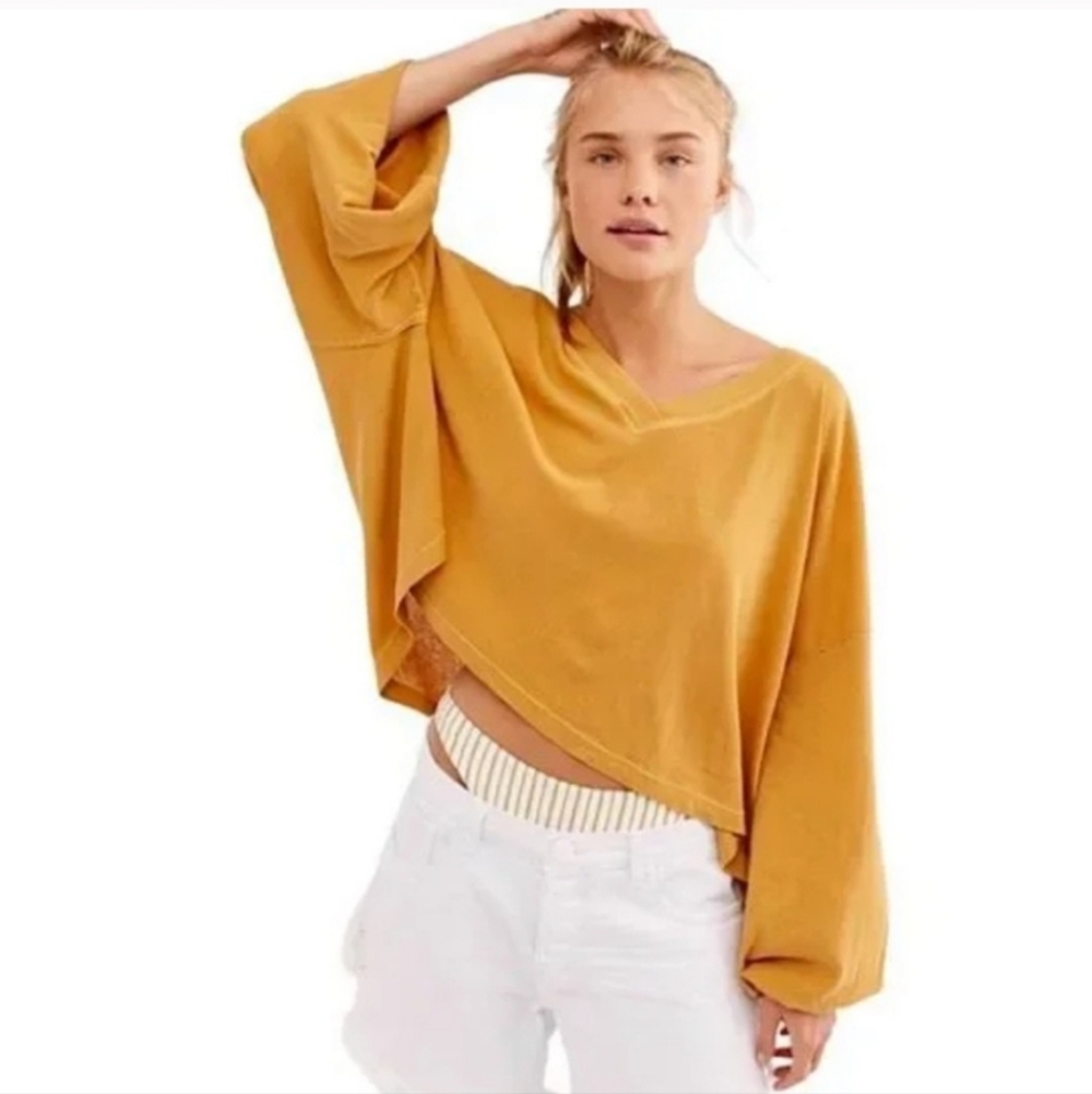 Free People Buffy Tee Mustard Yellow Boxy Oversized Boho Shirt 100% Cotton Beach